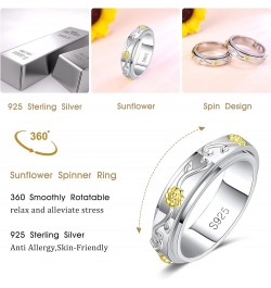 Fidget Ring Sterling Silver Anxiety Relieve Spinner Rings Rose Flower Sunflower Band Ring ADHD Autism Stress Relieving for Wo...