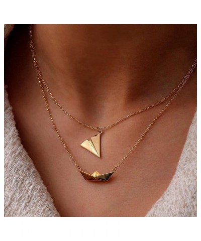 2Pcs Delicate Paper Airplane-Boat Necklaces for Women Girl Gold Clavicle Chain Origami-Boat Choker Jewelry Gift Ornament Allo...