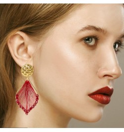 Boho Woven Geometric Earrings Drop Jewelry Fashion Silk Earring Dangle for Women and Girls Red $6.23 Earrings