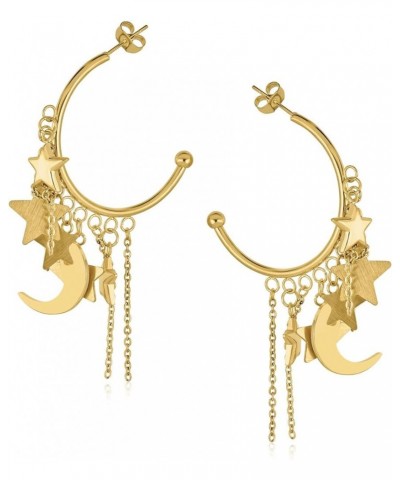 Big Large Celestial Crescent Moon Stars Dangling Charm Hoop Stud Earrings For Women Teen Rose Gold Tone Stainless Steel 2.5 D...