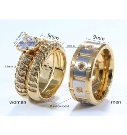 2 Rings Couple Rings Bridal Sets Yellow Gold Plated Heart Cz Womens Wedding Ring Sets Titanium Steel Man Wedding Bands Gold w...