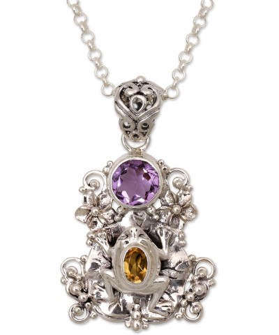 Handmade .925 Sterling Silver Amethyst Citrine Pendant Necklace Frog from Bali Purple Yellow Indonesia Animal Themed Birthsto...