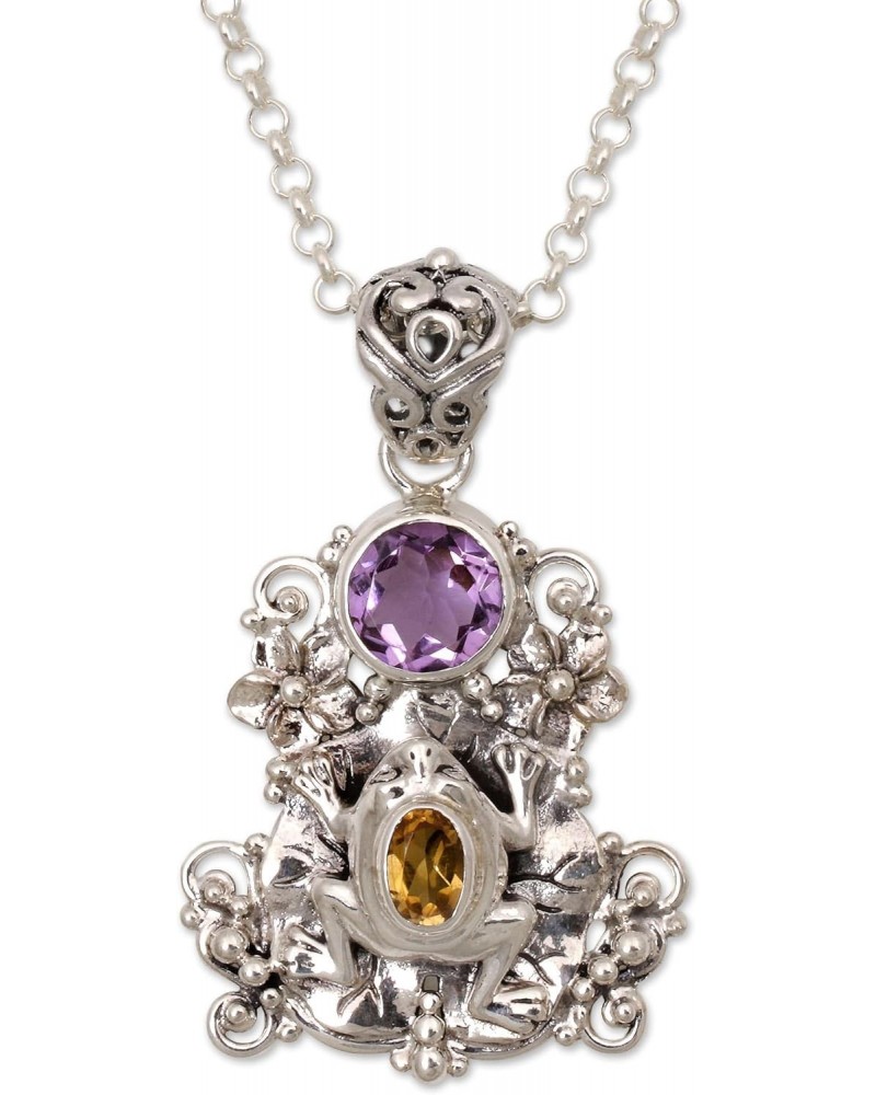 Handmade .925 Sterling Silver Amethyst Citrine Pendant Necklace Frog from Bali Purple Yellow Indonesia Animal Themed Birthsto...