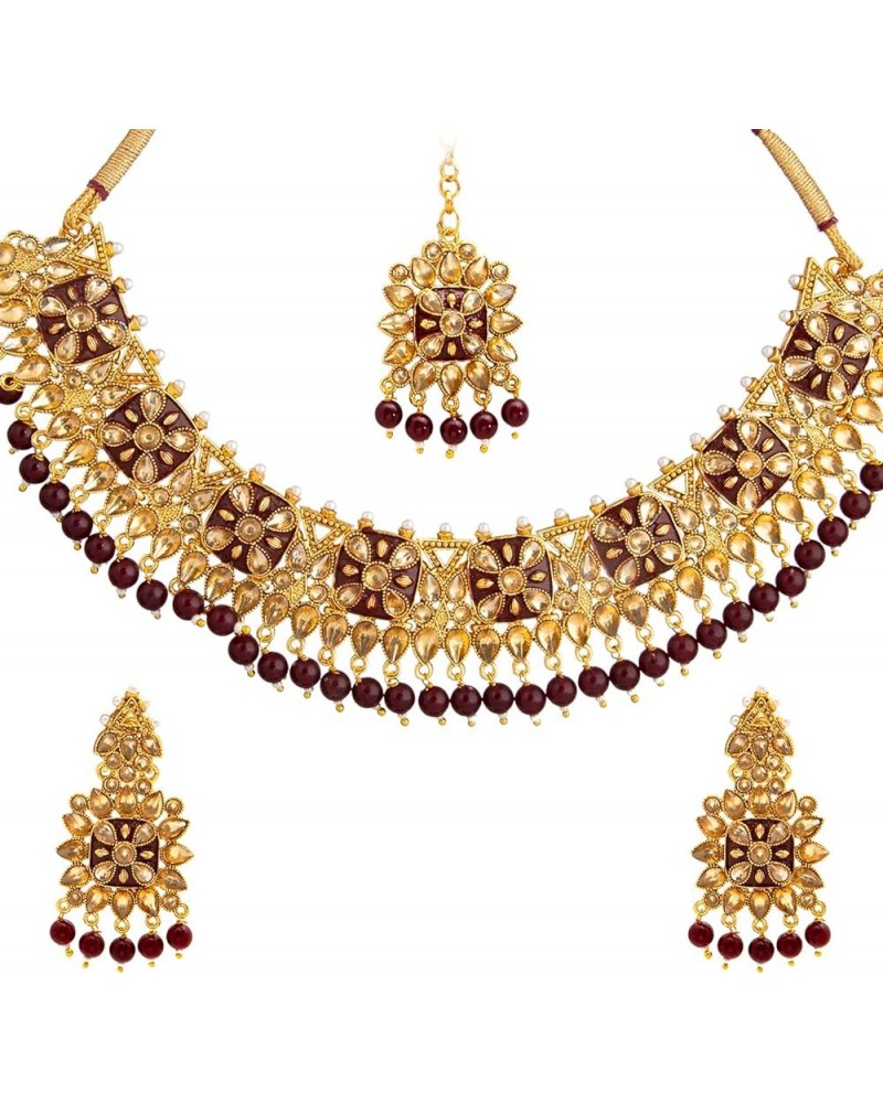 Traditional Indian Gold Plated Kundan, Pearl, CZ, Mirror Design Bridal Necklace Combo Jewellery Set with Maang Tikka and Earr...