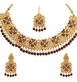 Traditional Indian Gold Plated Kundan, Pearl, CZ, Mirror Design Bridal Necklace Combo Jewellery Set with Maang Tikka and Earr...