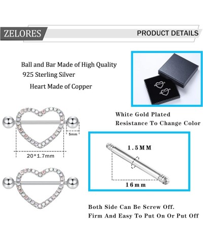 2PCS Sterling Silver Heart Nipple Rings 14G Silver CZ Nipple Rings Barbells Nipple Piercing Jewelry for Women Silver-Heart 3 ...