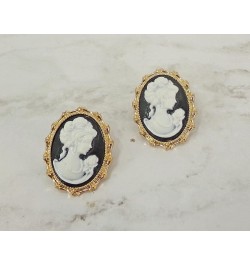 Elegant black and white oval cameo earrings in a gold frame setting Victorian earrings, romantic earrings, vintage style came...