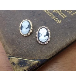 Elegant black and white oval cameo earrings in a gold frame setting Victorian earrings, romantic earrings, vintage style came...