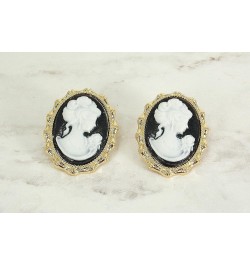 Elegant black and white oval cameo earrings in a gold frame setting Victorian earrings, romantic earrings, vintage style came...