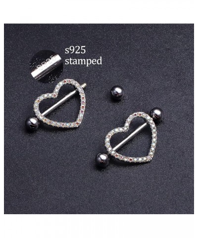 2PCS Sterling Silver Heart Nipple Rings 14G Silver CZ Nipple Rings Barbells Nipple Piercing Jewelry for Women Silver-Heart 3 ...