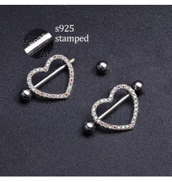 2PCS Sterling Silver Heart Nipple Rings 14G Silver CZ Nipple Rings Barbells Nipple Piercing Jewelry for Women Silver-Heart 3 ...