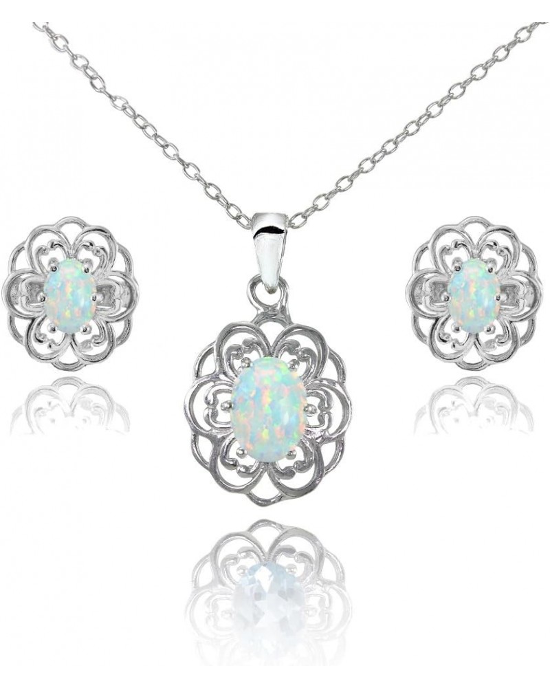 Sterling Silver Genuine Simulated Gemstone Oval Filigree Flower Pendant Necklace Stud Earrings Set Simulated White Opal $18.0...