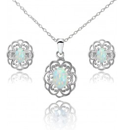 Sterling Silver Genuine Simulated Gemstone Oval Filigree Flower Pendant Necklace Stud Earrings Set Simulated White Opal $18.0...