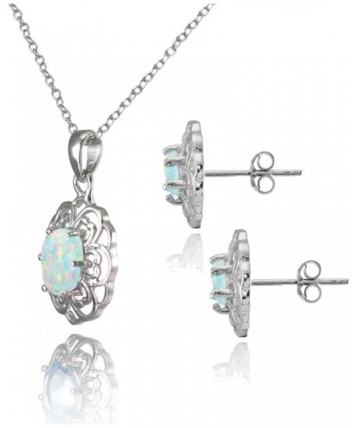 Sterling Silver Genuine Simulated Gemstone Oval Filigree Flower Pendant Necklace Stud Earrings Set Simulated White Opal $18.0...