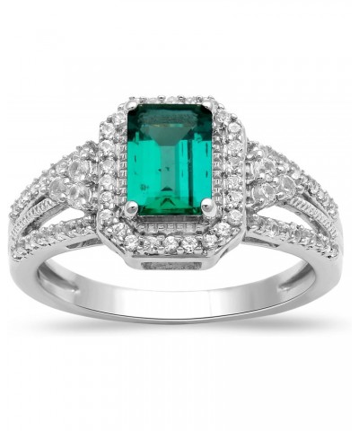 Sterling Silver 7x5mm Octagon Created Emerald and Created White Sapphire Halo Ring $34.65 Rings