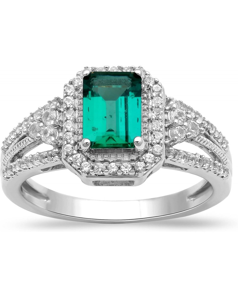 Sterling Silver 7x5mm Octagon Created Emerald and Created White Sapphire Halo Ring $34.65 Rings