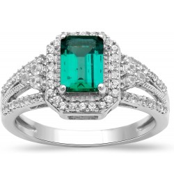 Sterling Silver 7x5mm Octagon Created Emerald and Created White Sapphire Halo Ring $34.65 Rings