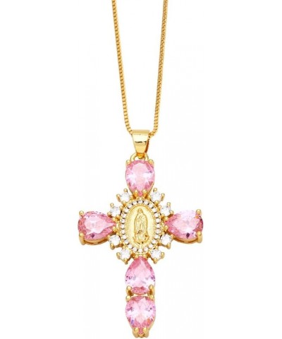 18K Gold Cross Necklace for Women, Virgin Mary Zirconia Micro Cross Pendant Pink $10.12 Necklaces