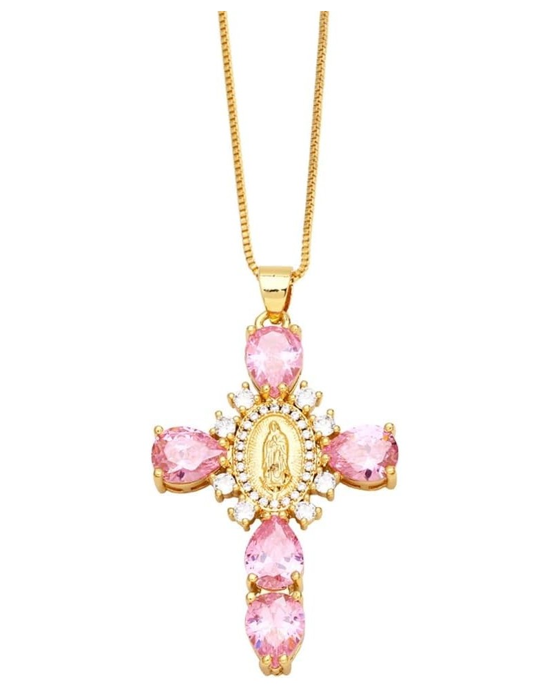 18K Gold Cross Necklace for Women, Virgin Mary Zirconia Micro Cross Pendant Pink $10.12 Necklaces