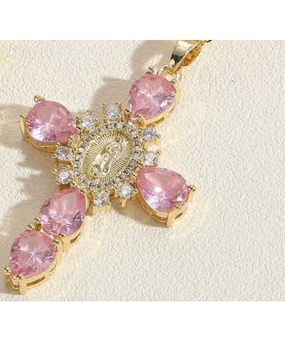 18K Gold Cross Necklace for Women, Virgin Mary Zirconia Micro Cross Pendant Pink $10.12 Necklaces