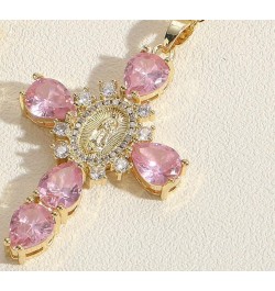 18K Gold Cross Necklace for Women, Virgin Mary Zirconia Micro Cross Pendant Pink $10.12 Necklaces