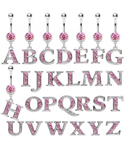 316L Navel Ring with Pink Gemmed Alphabet Initial Letter Dangle //Choose Letter// R $7.64 Body Jewelry