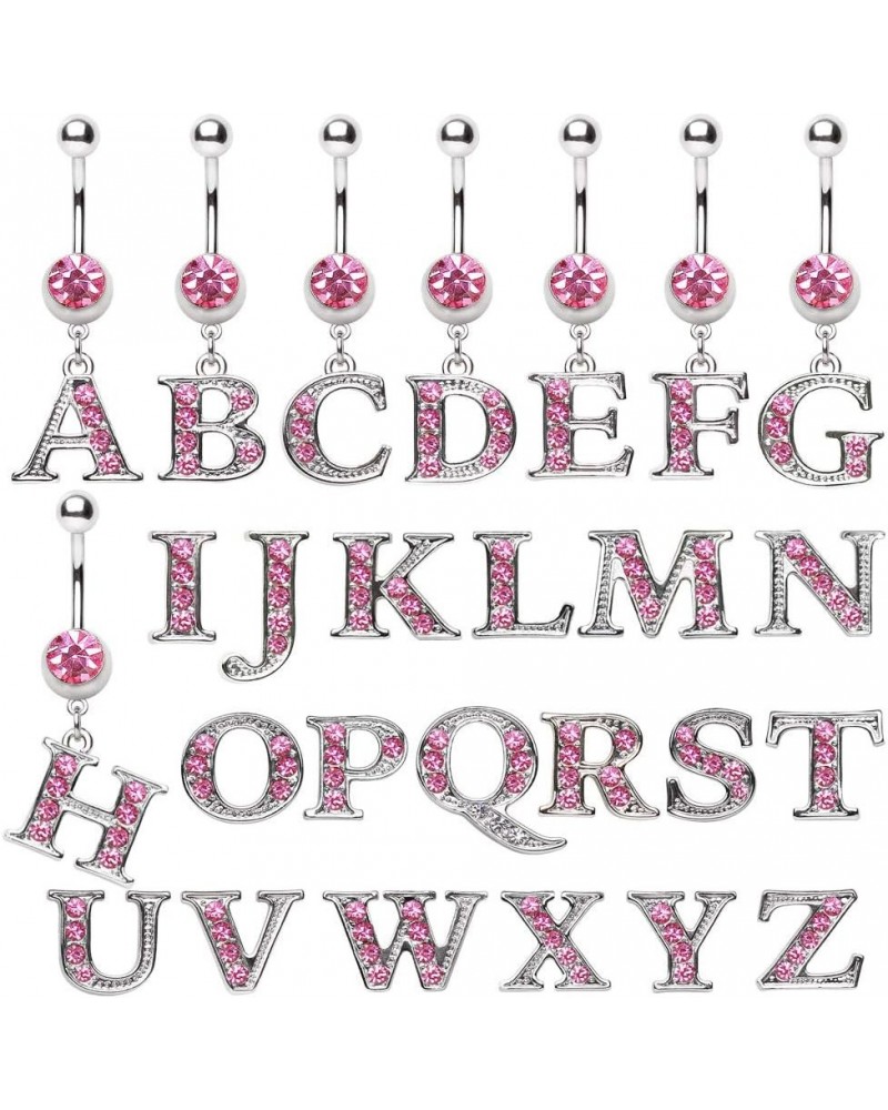 316L Navel Ring with Pink Gemmed Alphabet Initial Letter Dangle //Choose Letter// R $7.64 Body Jewelry