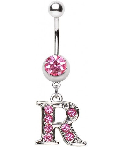 316L Navel Ring with Pink Gemmed Alphabet Initial Letter Dangle //Choose Letter// R $7.64 Body Jewelry