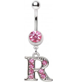 316L Navel Ring with Pink Gemmed Alphabet Initial Letter Dangle //Choose Letter// R $7.64 Body Jewelry