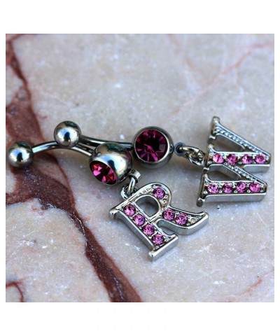 316L Navel Ring with Pink Gemmed Alphabet Initial Letter Dangle //Choose Letter// R $7.64 Body Jewelry