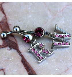 316L Navel Ring with Pink Gemmed Alphabet Initial Letter Dangle //Choose Letter// R $7.64 Body Jewelry