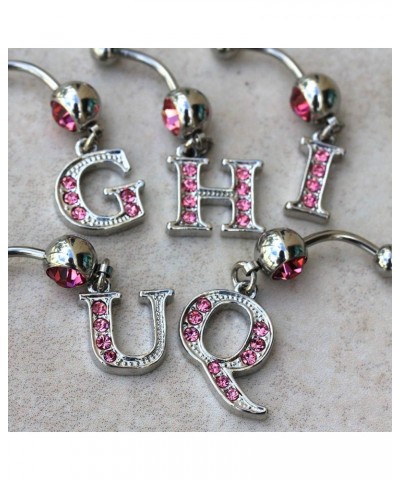 316L Navel Ring with Pink Gemmed Alphabet Initial Letter Dangle //Choose Letter// R $7.64 Body Jewelry