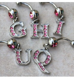 316L Navel Ring with Pink Gemmed Alphabet Initial Letter Dangle //Choose Letter// R $7.64 Body Jewelry