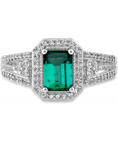 Sterling Silver 7x5mm Octagon Created Emerald and Created White Sapphire Halo Ring $34.65 Rings