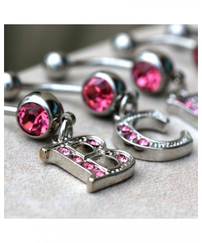 316L Navel Ring with Pink Gemmed Alphabet Initial Letter Dangle //Choose Letter// R $7.64 Body Jewelry