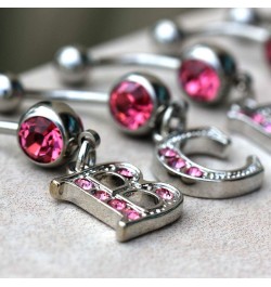 316L Navel Ring with Pink Gemmed Alphabet Initial Letter Dangle //Choose Letter// R $7.64 Body Jewelry