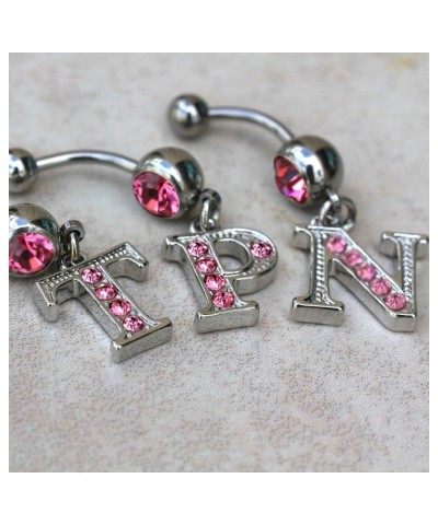 316L Navel Ring with Pink Gemmed Alphabet Initial Letter Dangle //Choose Letter// R $7.64 Body Jewelry