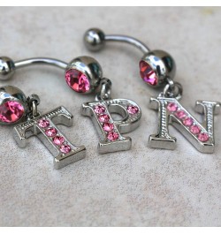 316L Navel Ring with Pink Gemmed Alphabet Initial Letter Dangle //Choose Letter// R $7.64 Body Jewelry