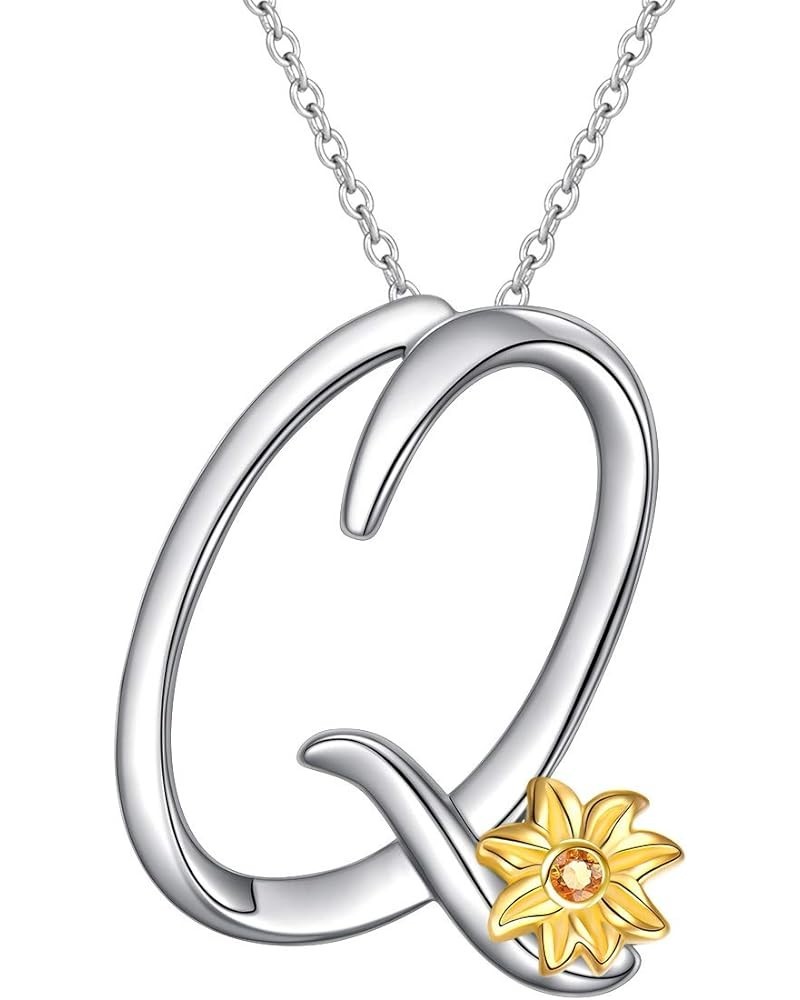 Sterling Silver Gold Tone Sunflower Initial 26 Letter Script Name Alphabet A to Z Necklace Personalized Pendant Q-Mini Sunflo...