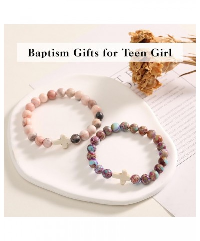 Easter Gifts for Women Cross Bracelets Imperial Nature Stone Bead Bracelet Christian Baptism Gifts for Teen Girls Easter Bask...