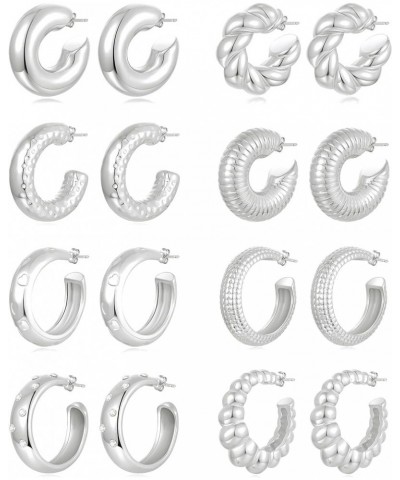 8 Pairs Chunky Hoop Earrings Sets for Women Lightweight Twist CZ Open Huggie Hoops Minimalist Thick Cartilage Earring Piercin...