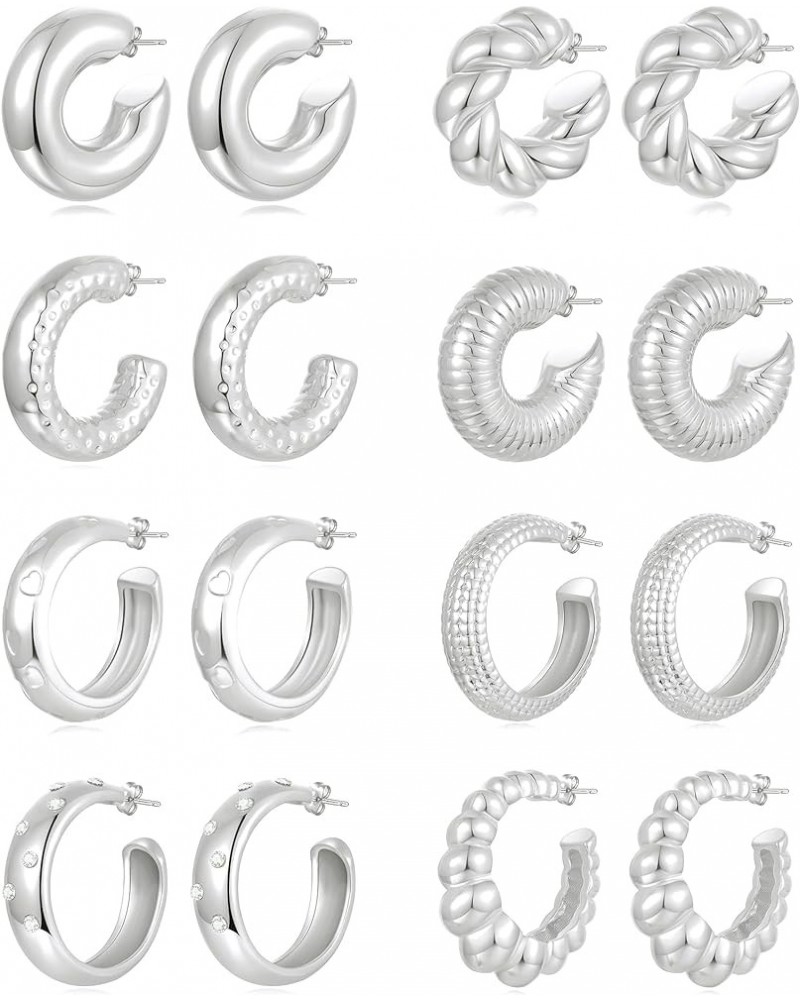 8 Pairs Chunky Hoop Earrings Sets for Women Lightweight Twist CZ Open Huggie Hoops Minimalist Thick Cartilage Earring Piercin...