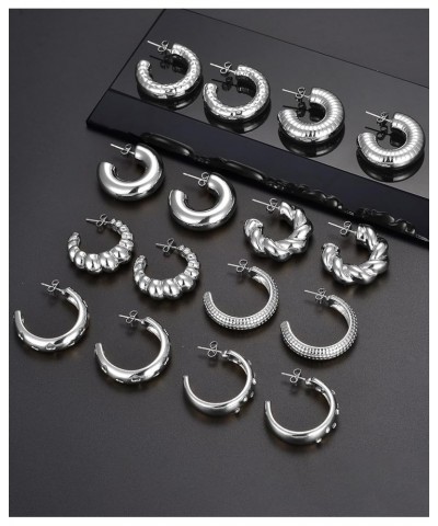 8 Pairs Chunky Hoop Earrings Sets for Women Lightweight Twist CZ Open Huggie Hoops Minimalist Thick Cartilage Earring Piercin...