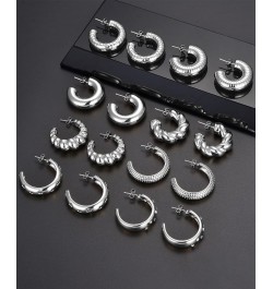 8 Pairs Chunky Hoop Earrings Sets for Women Lightweight Twist CZ Open Huggie Hoops Minimalist Thick Cartilage Earring Piercin...