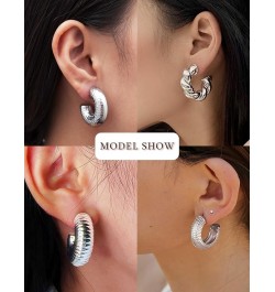 8 Pairs Chunky Hoop Earrings Sets for Women Lightweight Twist CZ Open Huggie Hoops Minimalist Thick Cartilage Earring Piercin...