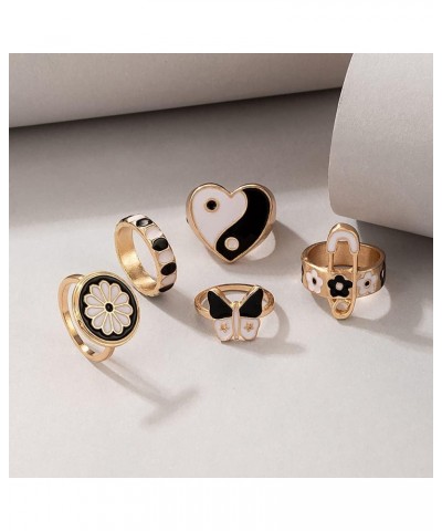 5Pcs Colorful Enamel Love Heart Band Rings Sets,Cute Mushroom Daisy Flower Taiji Yinyang Windmill Butterflye Knuckle Stacking...