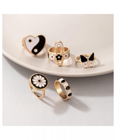 5Pcs Colorful Enamel Love Heart Band Rings Sets,Cute Mushroom Daisy Flower Taiji Yinyang Windmill Butterflye Knuckle Stacking...