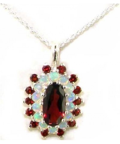 Ladies Solid 925 Sterling Silver 12x6mm Natural Garnet & Opal 3 Tier Large Cluster Pendant Necklace 45.0 Centimeters $77.81 N...