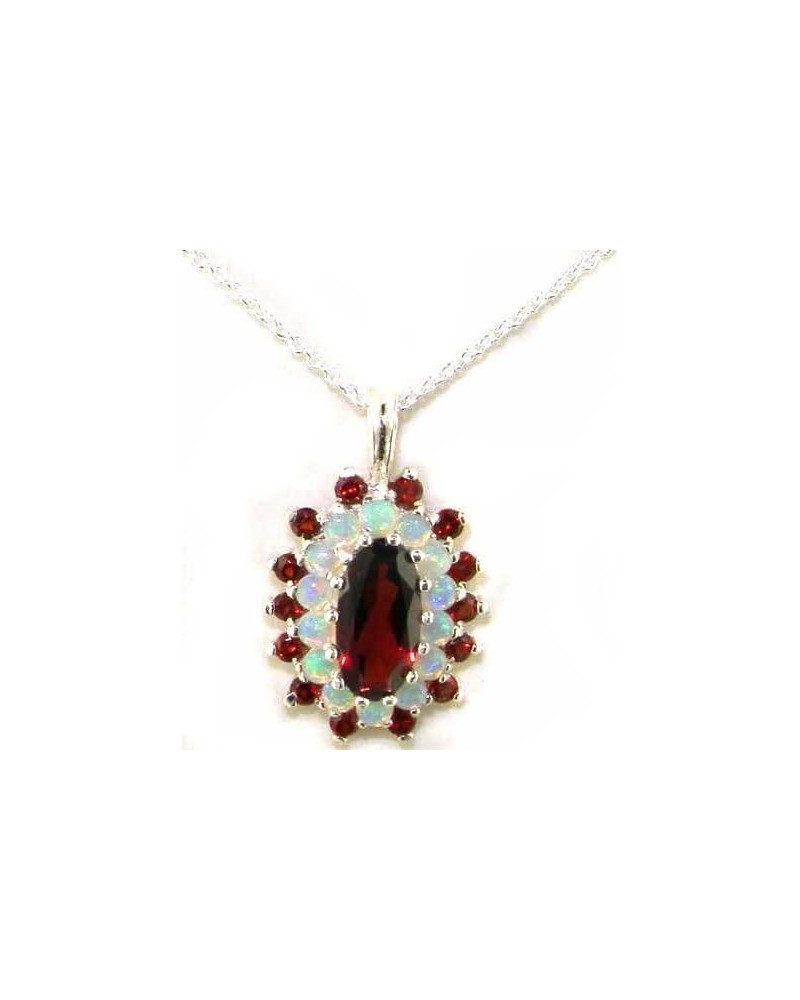 Ladies Solid 925 Sterling Silver 12x6mm Natural Garnet & Opal 3 Tier Large Cluster Pendant Necklace 45.0 Centimeters $77.81 N...