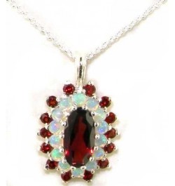 Ladies Solid 925 Sterling Silver 12x6mm Natural Garnet & Opal 3 Tier Large Cluster Pendant Necklace 45.0 Centimeters $77.81 N...